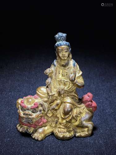 清 铜鎏金 文殊菩萨 瑞狮 坐像 佛像