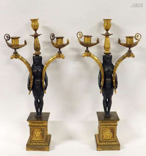 A Fine Pair Of Gilt & Patinated Bronze Egyptian