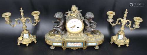 Antique Sevres Style Bronze Clock Garniture Set.