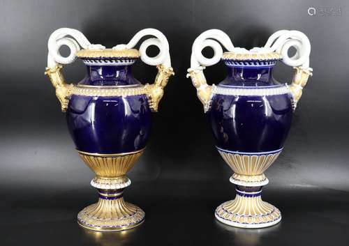 2 Meissen Cobalt & Gilt Snake Handle Urns.