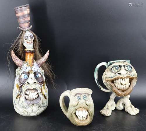 3 Glazed Pottery Figural Containers.