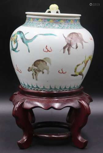 Chinese Famille Verte Incised Lidded Jar on Stand.