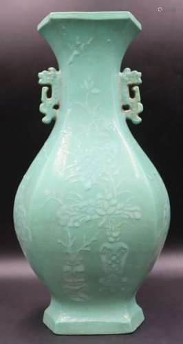 Chinese Hexagonal Green Vase with Incised