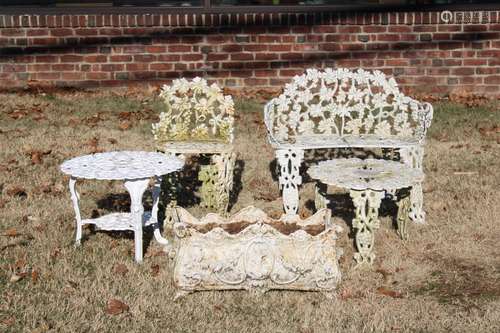 Antique Painted Iron Planter, Chair & Table