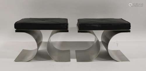 A Pair Of Polished Steel Benches With Leather