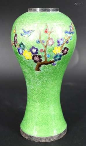 Silver Enameled & Floral Decorated Vase .