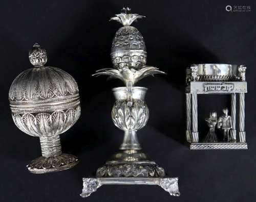 JUDAICA. Sterling Besamin and Objet d'art Grouping