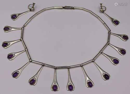 JEWELRY. 3 Pc. Signed Mexican Silver and Amethyst