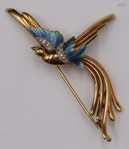 JEWELRY. 18kt Gold Enamel and Diamond Brooch.