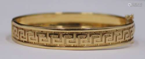 JEWELRY. 14k Gold Greek Key Hinged Bracelet.