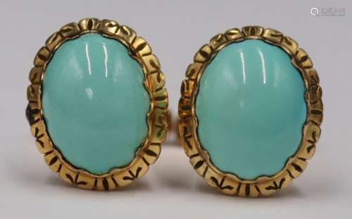 JEWELRY. Pair of 18kt Gold and Turquoise Cufflinks
