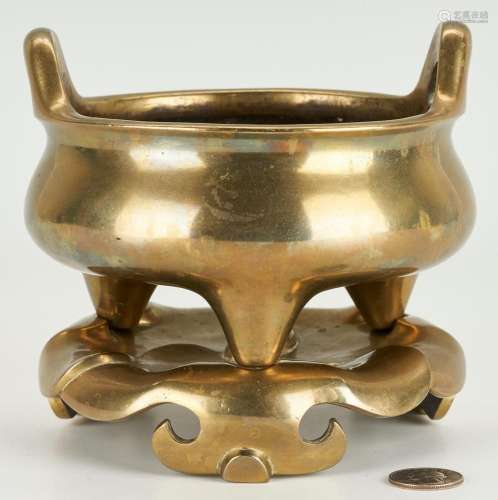 CHINESE GILT BRONZE CENSER & STAND, MING STYLE