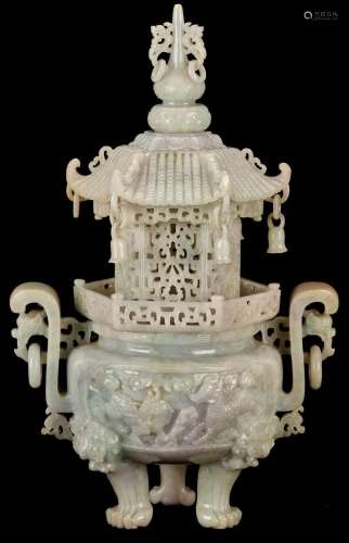 CHINESE CELADON-LAVENDER JADE ARCHAISTIC CENSER, PAGODA COVE...