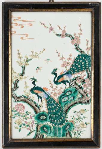 CHINESE FAMILLE ROSE FRAMED PORCELAIN PLAQUE, BIRDS OF PARAD...