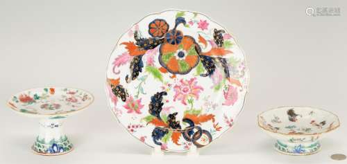 CHINESE EXPORT TOBACCO LEAF PLATE & 2 TAZZAS, ROOSTER DE...