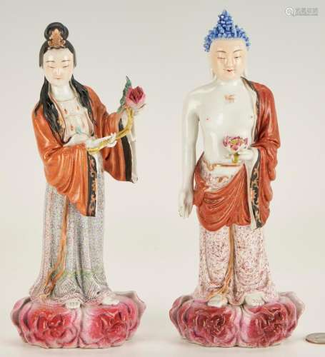 2 CHINESE POLYCHROME FIGURES, STANDING BUDDHA & GUANYIN
