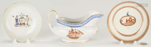 3 CHINESE EXPORT ARMORIAL PORCELAIN ITEMS, INCL. AMERICAN FL...