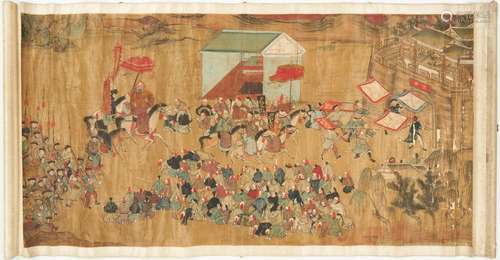 LARGE PANORAMIC CHINESE SCROLL PAINTING, ROYAL PROCESSION