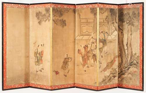 JAPANESE SIX-PANEL PAINTED SCREEN, ARTIST SIGNED