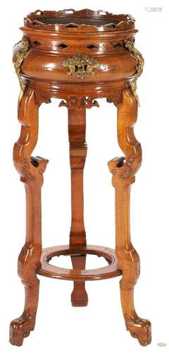 HARDWOOD JARDINIERE OR PLANT STAND W/ BRONZE DRAGON MOUNTS