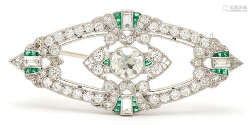 14K ART DECO DIAMOND & EMERALD BROOCH