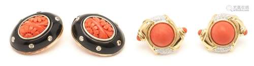 2 PAIRS OF GOLD, CORAL, & DIAMOND EARRINGS