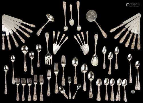 86 PCS STIEFF STERLING REPOUSSE FLATWARE + 5 ROSE, 91 ITEMS