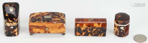 4 MINIATURE TORTOISESHELL BOXES, SEWING RELATED