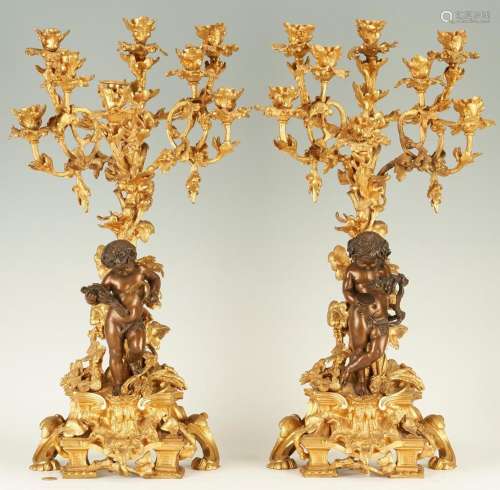 PR. OF LOUIS XV STYLE DORE BRONZE AND PATINATED CANDELABRAS