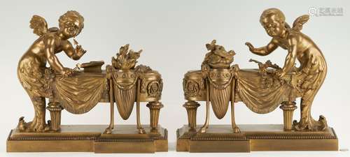 PR. LOUIS XV STYLE GILT BRONZE CHENETS, CHERUB BLACKSMITHS