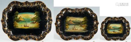 3 VICTORIAN TOLE TRAYS WITH MARITIME PAINTINGS