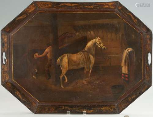 LARGE ENGLISH EQUESTRIAN THEMED TOLEWARE TRAY, EARLY REGENCY