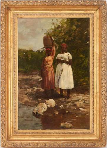 GILBERT GAUL O/C PAINTING, WOMEN BY A RIVER, JAMAICA