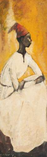 GEOFFREY HOLDER OIL ON CANVAS PORTRAIT OF A WOMAN IN WHITE