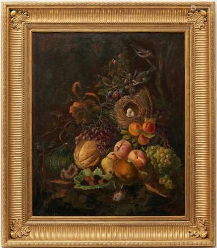 CORNELIUS HANKINS LARGE O/C STILL LIFE WITH FRUIT & BIRD...