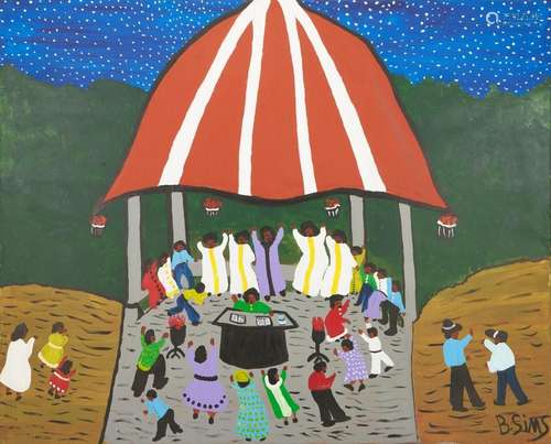 LARGE BERNICE SIMS FOLK ART PAINTING, TENT REVIVAL