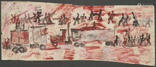 PURVIS YOUNG LARGE OUTSIDER ART MIXED MEDIA PAINTING, TRUCKS...