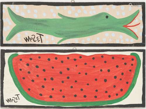 2 MOSE TOLLIVER FOLK ART PAINTINGS, BIG GREEN FISH & WAT...