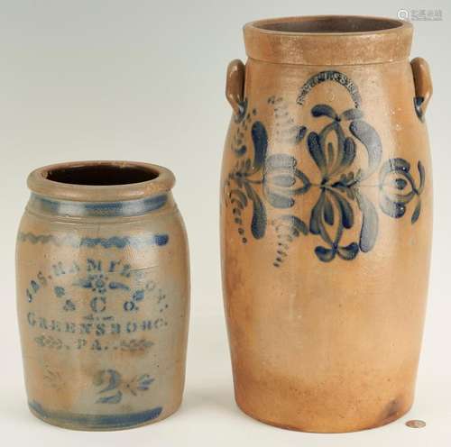 2 COBALT DECORATED PA STONEWARE JARS, RUSSELL, HAMILTON &...