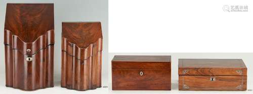 4 ENGLISH WOODEN BOXES, INCL. KNIFE BOXES, TEA CADDY, & ...