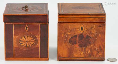 2 GEORGIAN INLAID TEA CADDIES, VINE & PATERAE