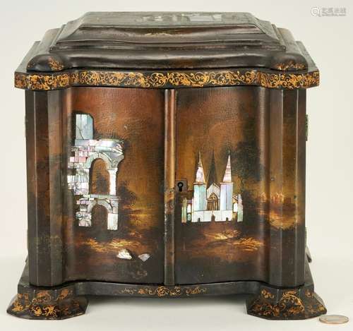 MOTHER OF PEARL SCENIC INLAID GILT LACQUER JEWELRY BOX