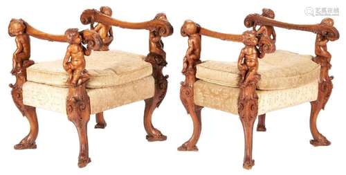 MANNER OF ANDREA BRUSTOLON, PAIR ITALIAN CARVED BENCHES