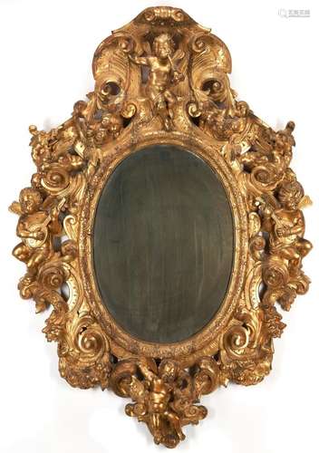 VERY LARGE ITALIAN BAROQUE STYLE GILTWOOD MIRROR WITH CHERUB...