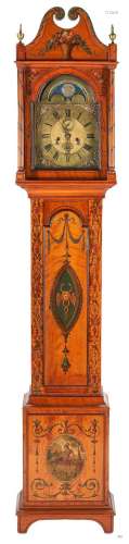 ENGLISH NEOCLASSICAL PAINTED SATINWOOD TALL CASE CLOCK