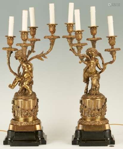 PAIR FRENCH BRONZE FIGURAL CANDELABRAS, AFTER CLODION