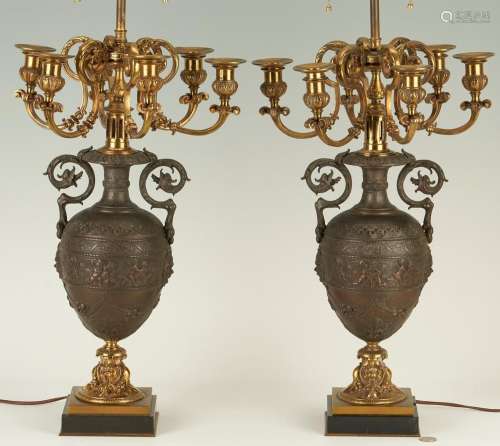 PAIR NAPOLEON III BRONZE CANDELABRA, FITTED AS LAMPS