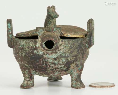 SMALL CHINESE ARCHAIC FIGURAL BRONZE CENSER