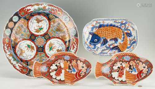 4 JAPANESE MEIJI PERIOD IMARI PORCELAIN ITEMS, INCL. CHARGER...