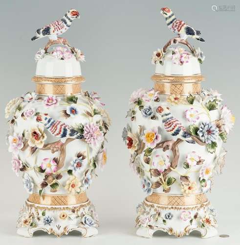 PR. RICHARD KLEMM DRESDEN FLORAL ENCRUSTED PORCELAIN URNS